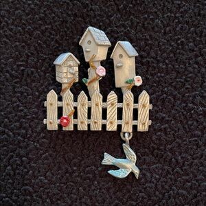 Charming Pewter Birdhouse Brooch with Bird Charm